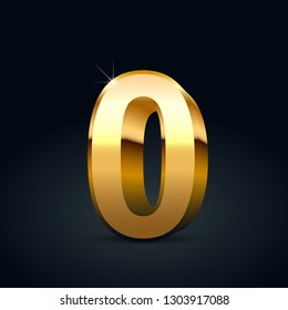 Vector gold number 0. Glossy golden font isolated on black background