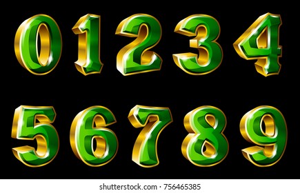 Vector gold numbers, 0, 1, 2, 3, 4, 5, 6, 7, 8 and 9 in 3D style