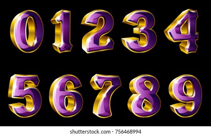Vector gold numbers, 0, 1, 2, 3, 4, 5, 6, 7, 8 and 9 in 3D style