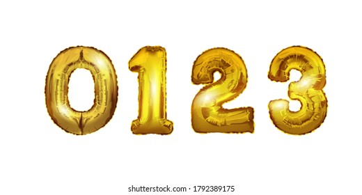 vector gold numbers 0,1,2,3 metal ball. Party decoration with Golden balloons. A sign for a happy holiday, celebration, birthday, carnival, New year. vector