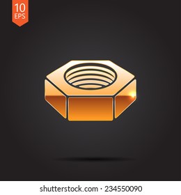 Vector gold nut icon isolated on dark background. Eps10