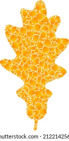 Vector gold oak leaf mosaic icon. Oak leaf is isolated on a white background. Gold particles mosaic based on oak leaf icon. Mosaic oak leaf iconic image is created from yellow items.