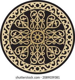 Vektorgold auf schwarzem Hintergrund Yakut, runde Ornamente. Der Kreis der Vorfahren der nördlichen Völker der Tundra. Talisman, Amulet, Schutzsymbol für Langlebigkeit und Unendlichkeit
