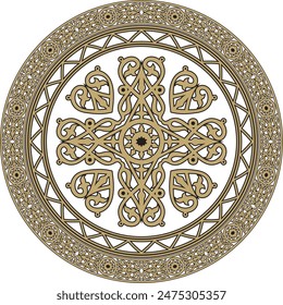 Vector gold on a black background Yakut round ornament. The circle of the ancestors of the northern peoples of the tundra. Talisman, amulet, protection symbol of longevity and infinity.