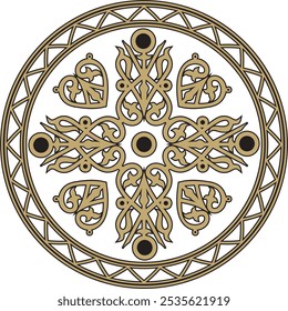 Vector de oro sobre un fondo negro Yakut ornamento redondo. El círculo de los antepasados de los pueblos del norte de la tundra. Talismán, amuleto, símbolo de protección de longevidad e infinito.