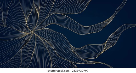 Vector gold on black line pattern, wave texture design, premium curve banner. Glitter ornament illustration, premium japanese background.