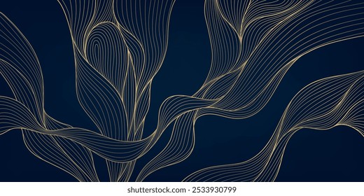 Vector gold on black line pattern, wave texture design, premium curve banner. Glitter ornament illustration, premium japanese background.