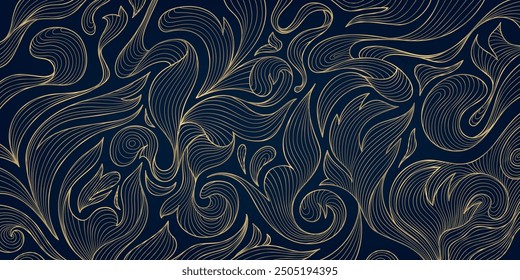 Vector gold on black luxury swirl pattern, floral baroque, modern antique background. Line fancy nouveau texture, elegant rococo leaves motif