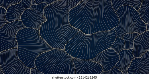 Vector gold on black organic shapes line pattern. Corals, seaweed drawn luxury background, mushrooms curve illustration.