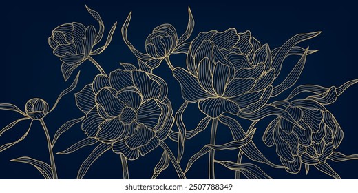 Vector gold on blue line flower pattern, luxury art background. Leaves and peonies abstract wallpaper, texture plant ornament, wedding illustration. 