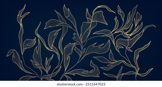 Vector de oro en línea azul alga, algas, patrón de plantas. Ilustración de lujo submarino, hojas de fondo de lujo, textura de hierba orgánica