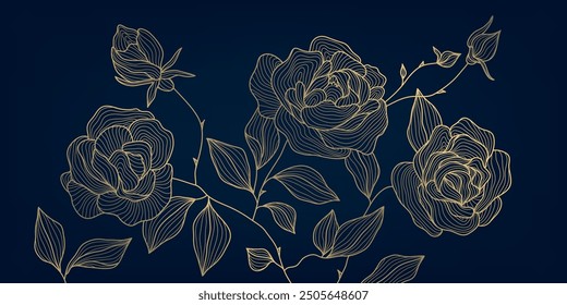 Vector gold on blue roses line art, elegant style flowers background. Leaves and bloom spring design, copper ornament, nature print, wall art