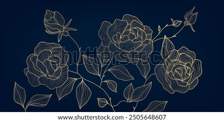 Vector gold on blue roses line art, elegant style flowers background. Leaves and bloom spring design, copper ornament, nature print, wall art