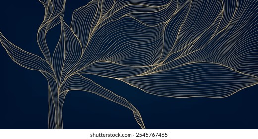 Vector gold on dark line leaf pattern, art deco luxury floral texture design. Elegant flower ornament, garden japan style background.