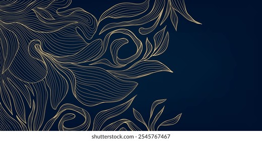 Vector gold on dark line leaf pattern, art deco luxury floral texture design. Elegant flower ornament, garden japan style background.