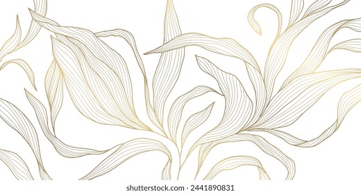 Vector gold on white abstract floral pattern. Leaf luxury texture, wavy elegant golden illustration. Vintage plant flower design, jungle foliage decor.