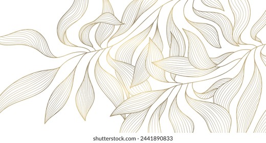 Vector gold on white abstract floral pattern. Leaf luxury texture, wavy elegant golden illustration. Vintage plant flower design, jungle foliage decor.