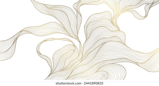 Vector gold on white abstract floral pattern. Leaf luxury texture, wavy elegant golden illustration. Vintage plant flower design, jungle foliage decor.