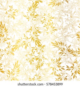 Vector Gold on White Asian Leaves Seamless Pattern Background. Great for tropical vacation fabric, cards, wedding invitations, wallpaper. Surface pattern design.