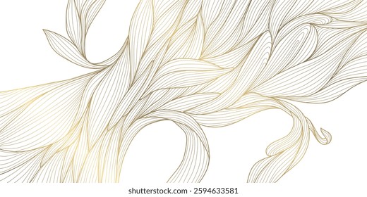 Vector gold on white floral line wave, japanese style abstract leaf pattern. Fancy, art deco botanical, organic premium shape, luxury flower design, ornate drawing