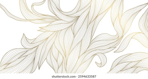 Vector gold on white floral line wave, japanese style abstract leaf pattern. Fancy, art deco botanical, organic premium shape, luxury flower design, ornate drawing