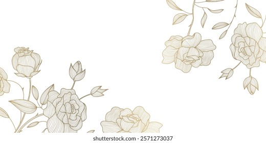 Vector gold on white flowers frame, roses luxury pattern, floral blossom elegant design background, nature botanical banner.