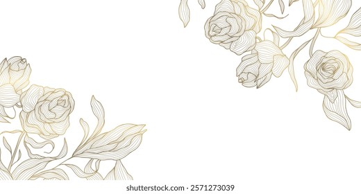 Vector gold on white flowers frame, roses luxury pattern, floral blossom elegant design background, nature botanical banner.