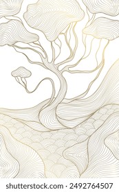 Vector gold on white japanese pattern. Line tree on hills and river luxury illustration, wall art, abstract tradition wave brochure, drawn nature poster.