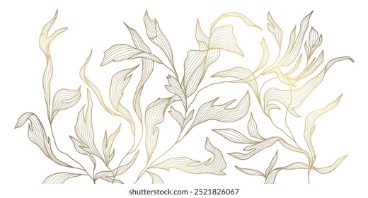 Vector gold on white leaf pattern, line abstract plant design, floral art deco graphic. Nature japanese ornament, luxury frame, cover. Vintage wave botanical illustration