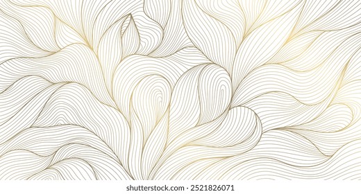 Vector de oro sobre patrón de hoja blanca, línea de diseño de plantas abstractas, gráfico art deco floral. Naturaleza adorno japonés, marco de lujo, cubierta. Ilustración botánica de la onda de Antiguas