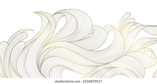 Ouro vetorial sobre padrão de onda de linha branca, design premium de curva geométrica, pôster estilo japonês. Gráfico de forma de espiral abstrata