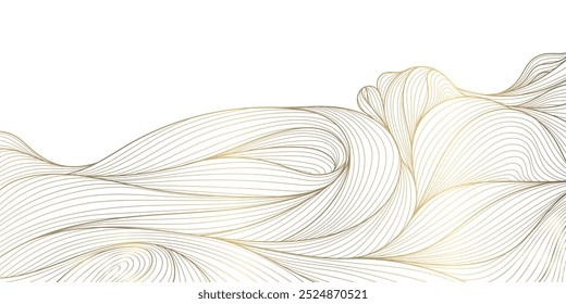 Ouro vetorial sobre padrão de onda de linha branca, design premium de curva geométrica, pôster estilo japonês. Gráfico de forma de espiral abstrata