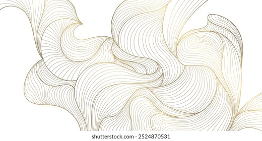 Ouro vetorial sobre padrão de onda de linha branca, design premium de curva geométrica, pôster estilo japonês. Gráfico de forma de espiral abstrata