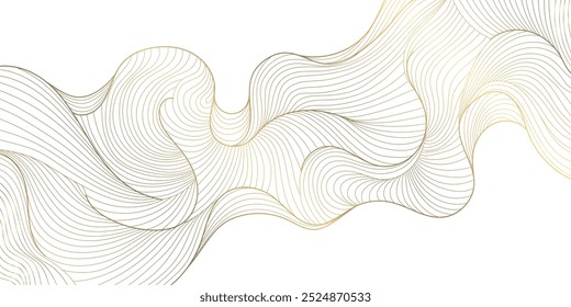 Ouro vetorial sobre padrão de onda de linha branca, design premium de curva geométrica, pôster estilo japonês. Gráfico de forma de espiral abstrata