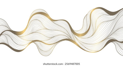 Vector gold on white line wave pattern, abstract premium curve background, geometric shape illustration. Fancy wind, sea texture