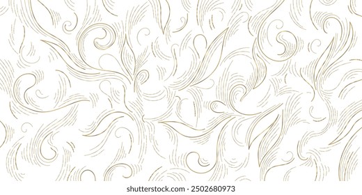 Vector gold on white swirl motif, line luxury royal pattern. Vintage elegant floral ornament, fancy filigree background. Victorian wallpaper, art deco nouveau texture. 