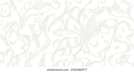 Vector gold on white swirl motif, line luxury royal pattern. Vintage elegant floral ornament, fancy filigree background. Victorian wallpaper, art deco nouveau texture. 