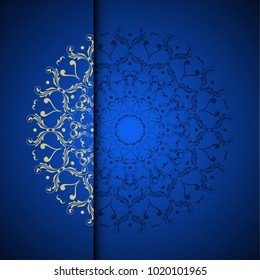 Vector gold oriental arabesque pattern background with place for text. Blue color