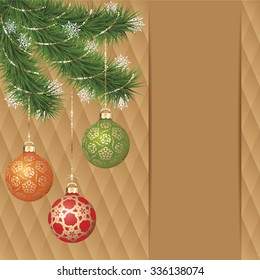 Vector gold ornament christmas balls on green pine branch. Gold diamond background greeting card