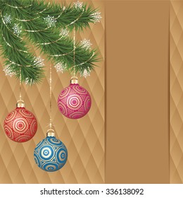 Vector gold ornament christmas balls on green pine branch. Gold diamond background greeting card