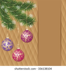 Vector gold ornament christmas balls on green pine branch. Gold diamond background greeting card
