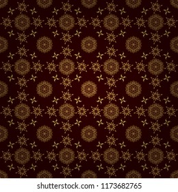 Vector gold ornament on a brown background. Pattern with golden elements on a brown background. Vintage seamless texture. Can be used for luxury greeting rich card.