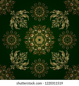 Vector gold ornament on a green background. Vintage seamless texture. Can be used for luxury greeting rich card. Pattern with golden elements on a green background.