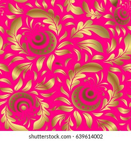 Vector gold ornament on a magenta background. Can be used for luxury greeting rich card. Vintage seamless texture. Pattern with golden elements on a magenta background.