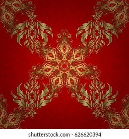 Vector gold ornament on a red background. Pattern with golden elements on a red background. Can be used for luxury greeting rich card. Vintage seamless texture.