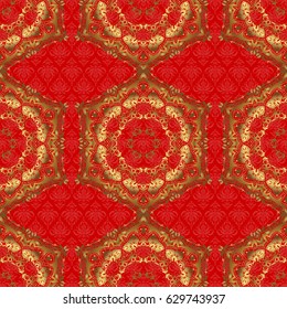 Vector gold ornament on a red background. Can be used for luxury greeting rich card. Vintage seamless texture. Pattern with golden elements on a red background.