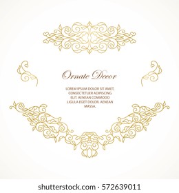Vector gold ornamental  decorative frame. Elegant ornate  element for design template, place for text. Luxury floral border. Lace decor for birthday and greeting card, wedding invitation,certificate.