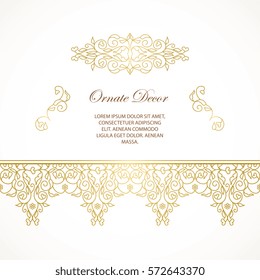 Vector gold ornamental  decorative frame. Elegant ornate  element for design template, place for text. Luxury floral border. Lace decor for birthday and greeting card, wedding invitation,certificate.