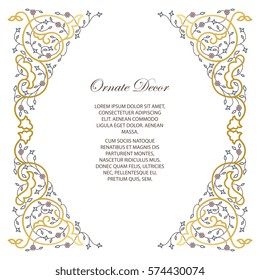 Vector gold ornamental  decorative frame. Elegant ornate  element for design template, place for text. Luxury floral border. Lace decor for birthday and greeting card, wedding invitation,certificate.