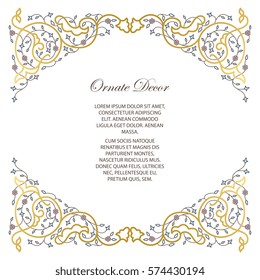 Vector gold ornamental  decorative frame. Elegant ornate  element for design template, place for text. Luxury floral border. Lace decor for birthday and greeting card, wedding invitation,certificate.
